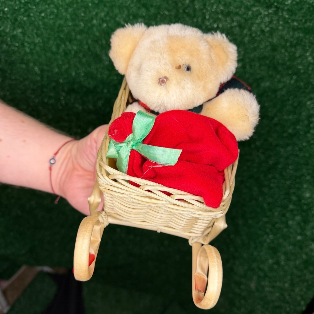 Vintage Teddy Bear Wicker Wheelbarrow Red Christmas Decor
